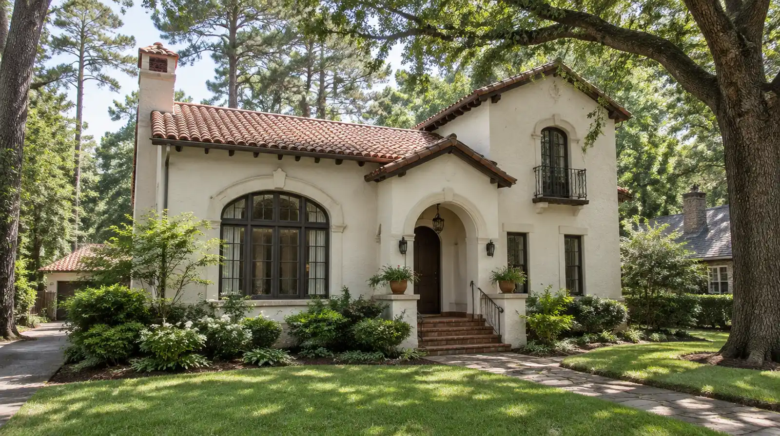 Historic two-story stucco home on a tree-lined street with repaired exterior walls