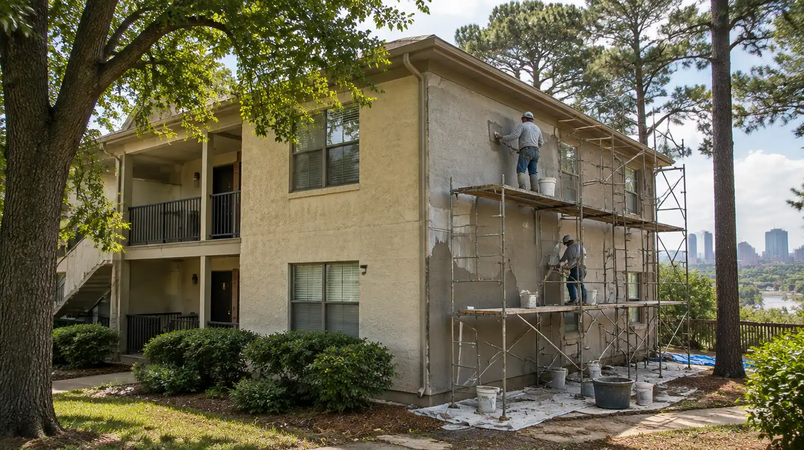 Apartment complex with stucco walls and a repaired, freshly finished section beside a stairwell