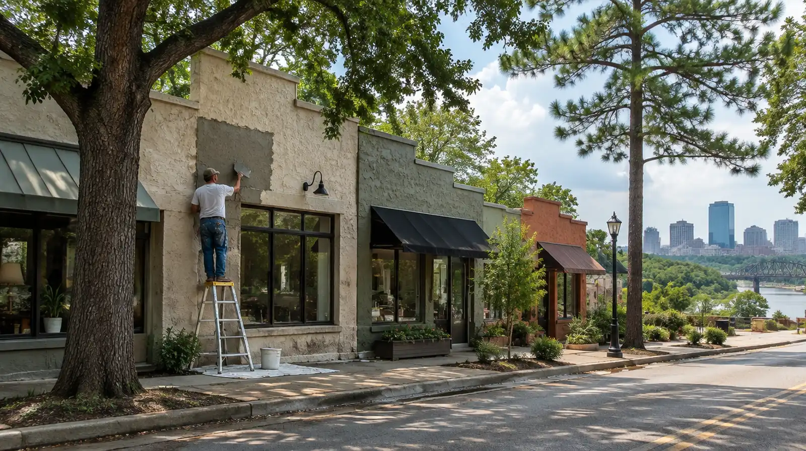 Retail strip center storefront with stucco columns being patched while the shops stay open