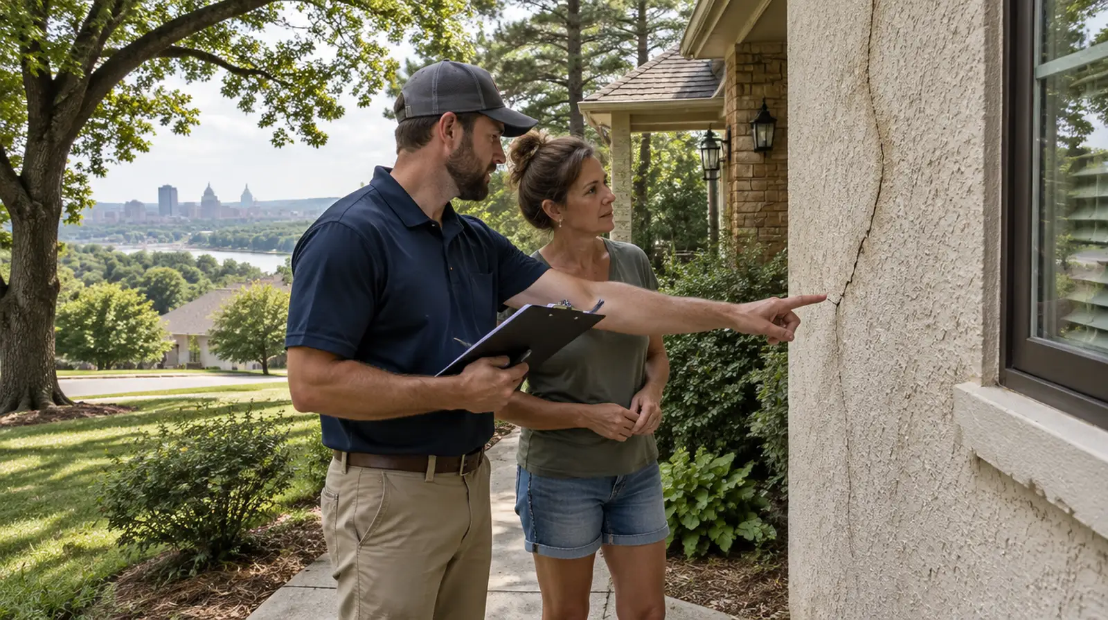Contractor measuring a damaged area of a stucco wall during an estimate visit