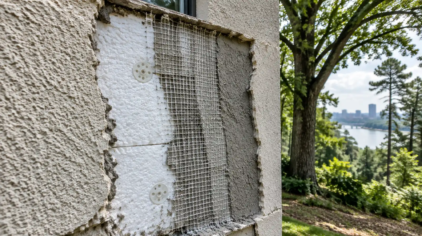Close view of an EIFS wall cut open to show foam insulation board and reinforcing mesh