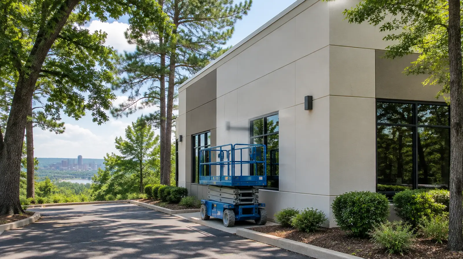 Suburban office building with smooth EIFS walls and decorative bands along the top