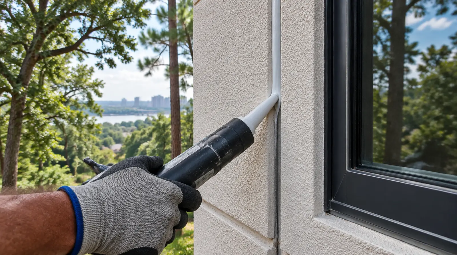 Worker applying new sealant along the joint between an EIFS wall and a window frame