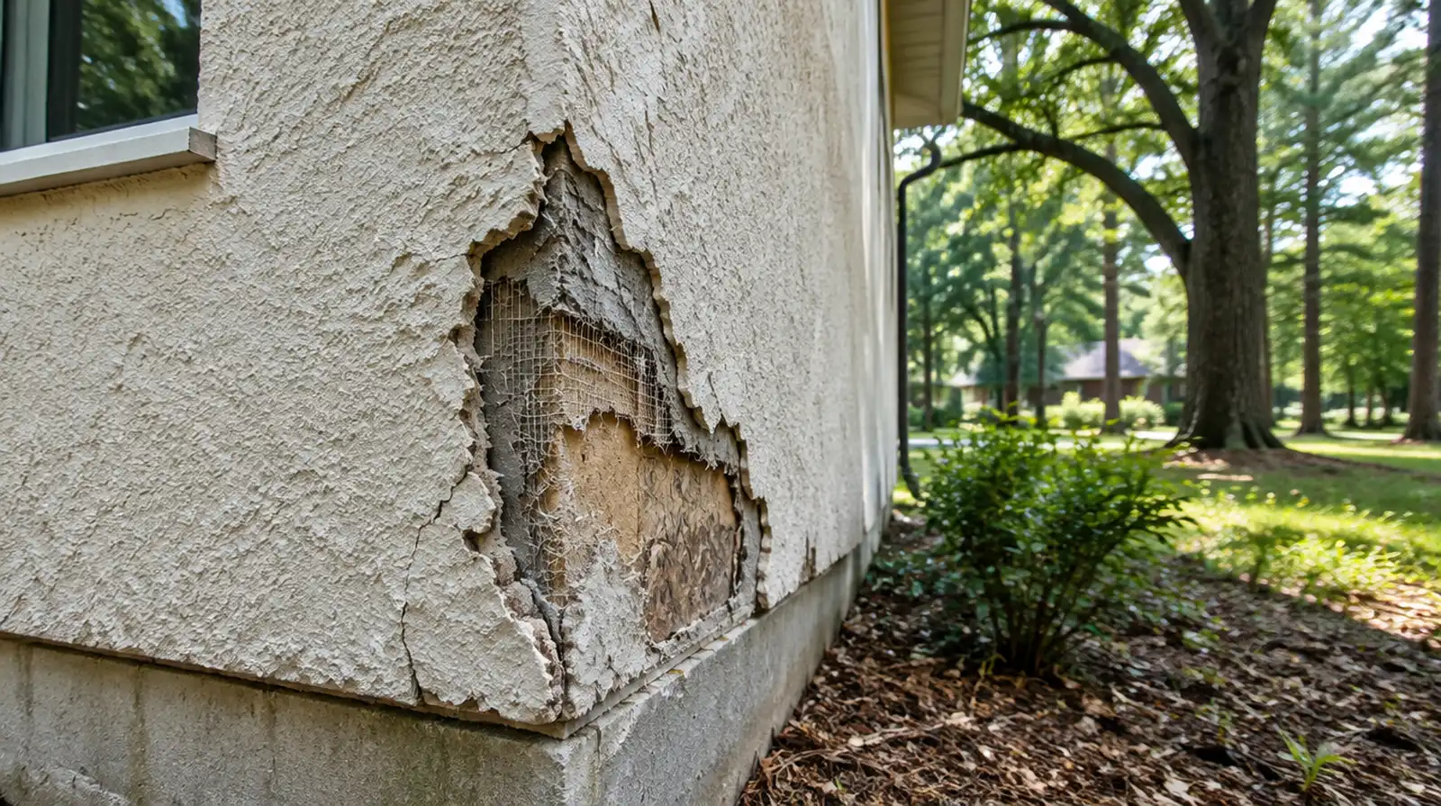 Broken stucco corner on a house exposing wire lath underneath