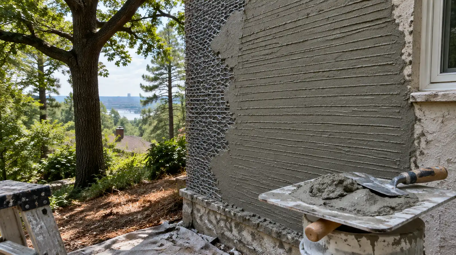 Fresh scratch coat of stucco over new wire lath on a section of house wall