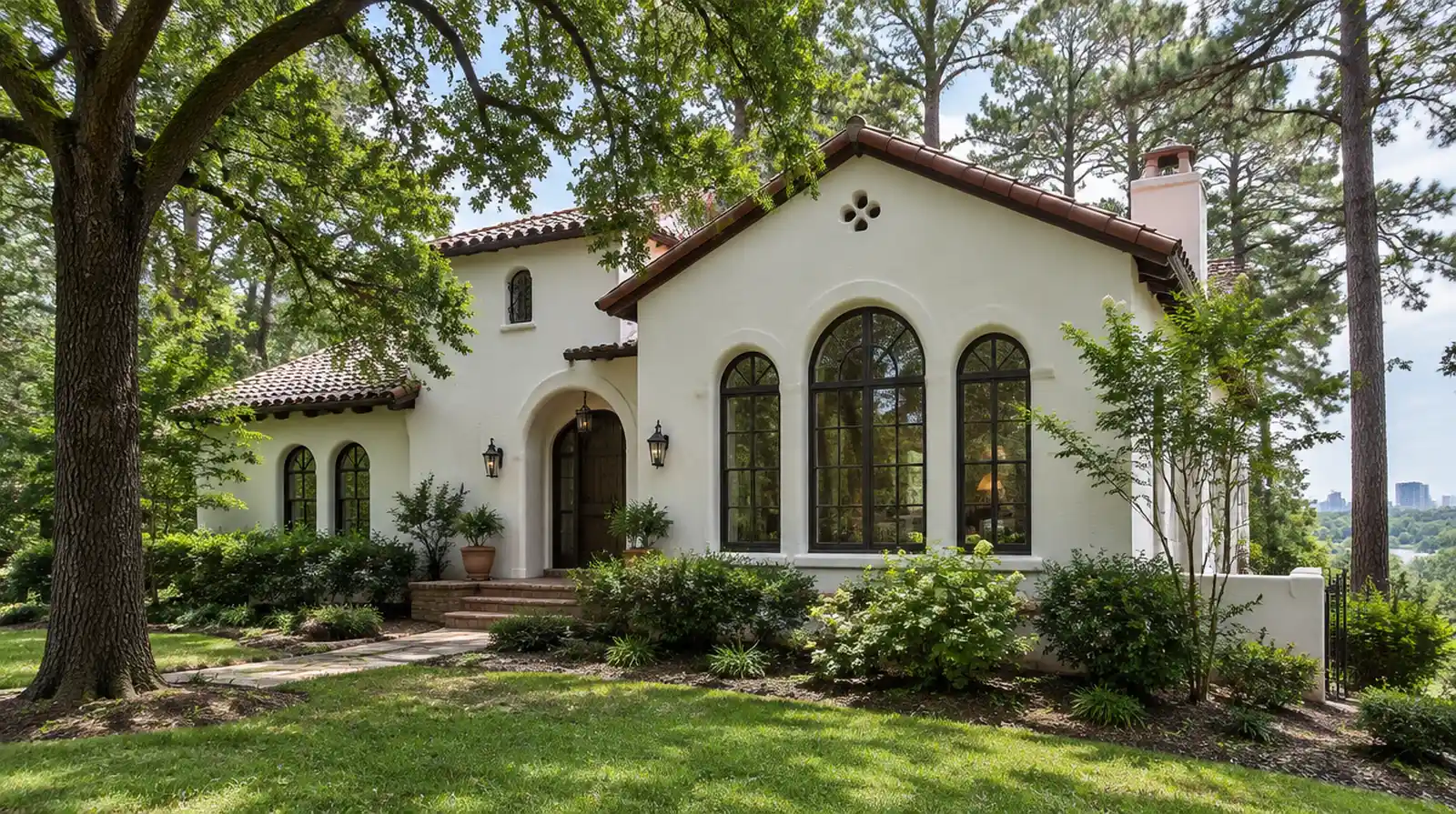 Spanish revival style house with white stucco walls and a red tile roof after repairs