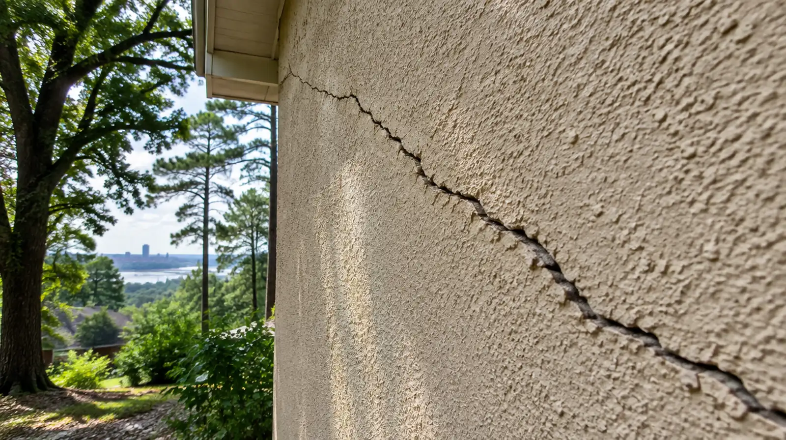 Long diagonal crack in light gray stucco wall on a house