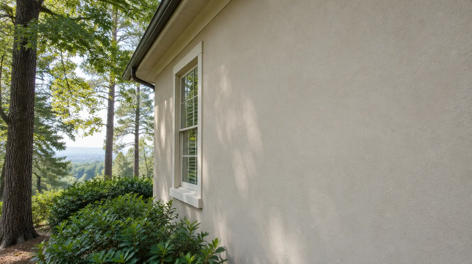 Stucco wall where a crack has been filled and blended so it is no longer visible