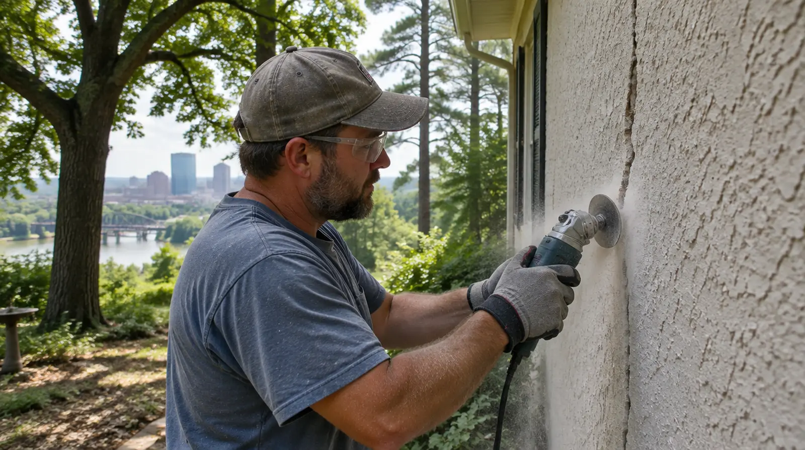 Worker widening a stucco crack with a grinder before filling it