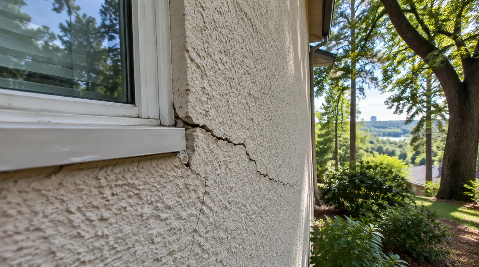 Close view of a diagonal crack in stucco running from the corner of a window frame