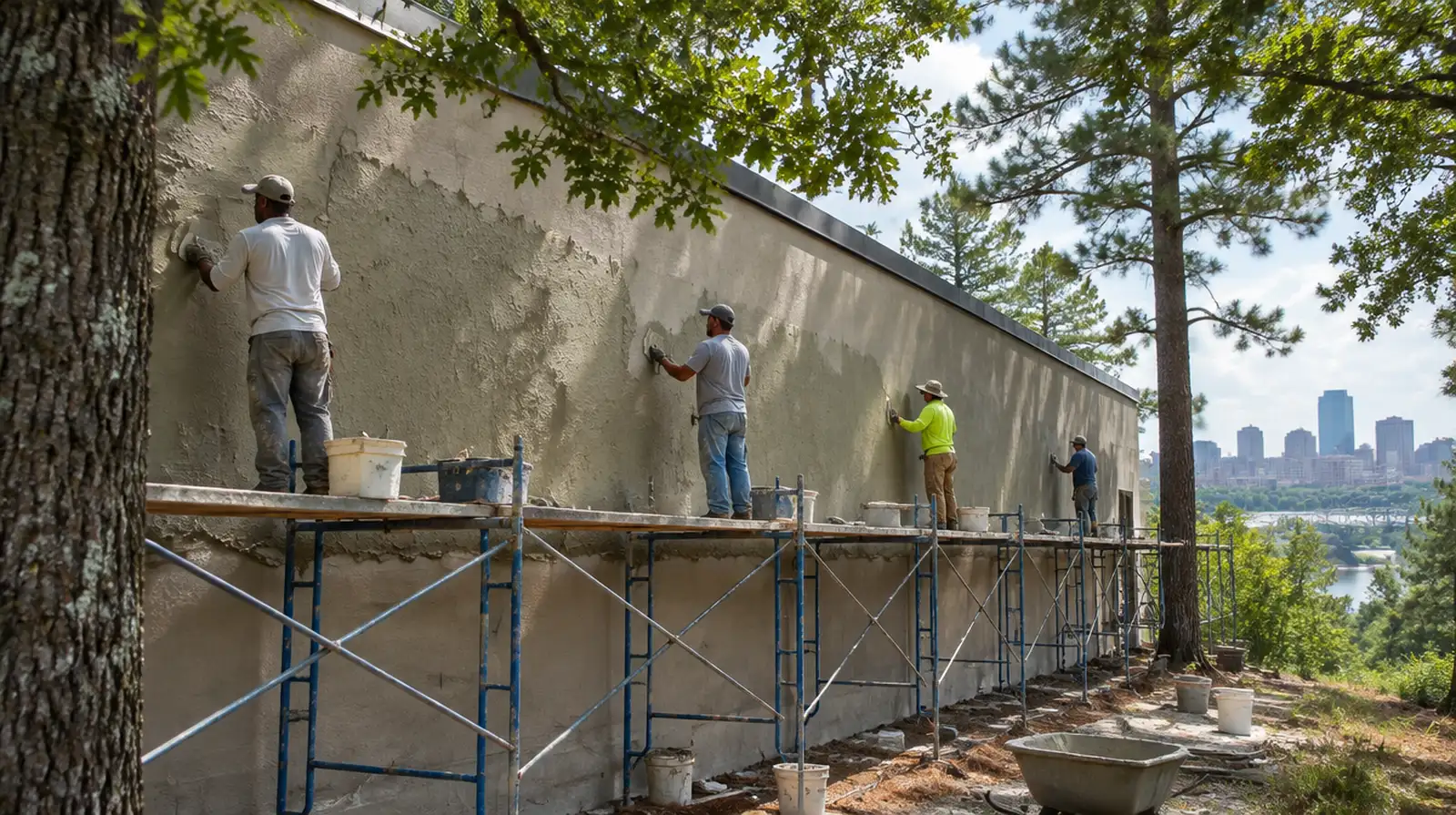 Two-story commercial building with tan stucco walls and scaffolding set up along one side for repair work