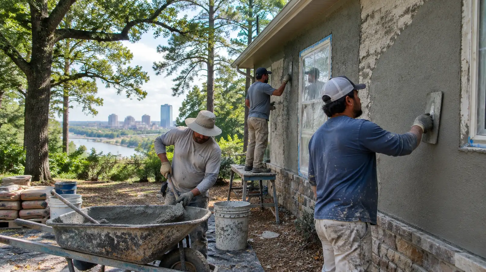 Two plasterers working on scaffolding to repair a stucco wall on a commercial building