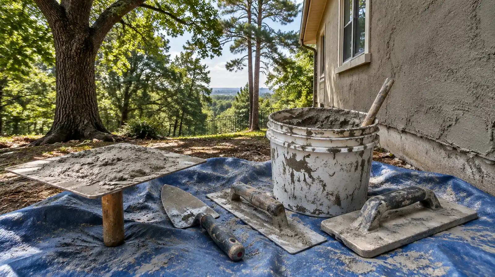 Stucco repair tools including hawk, trowels and mesh laid out beside a partly finished wall