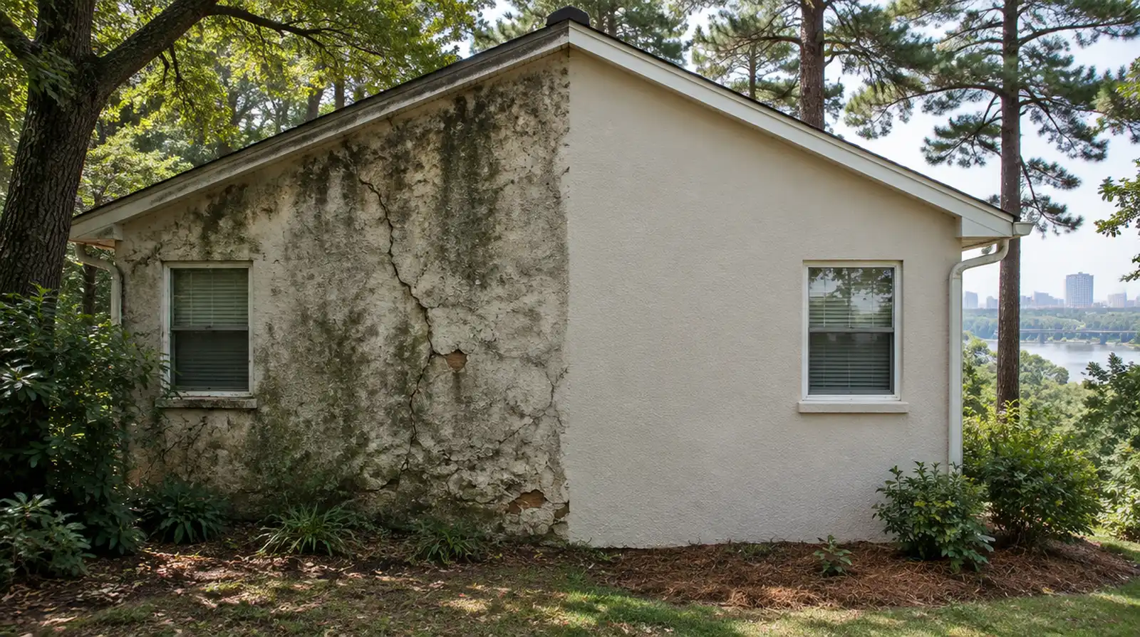 Stucco wall showing a faded, patched area next to a clean, evenly resurfaced area