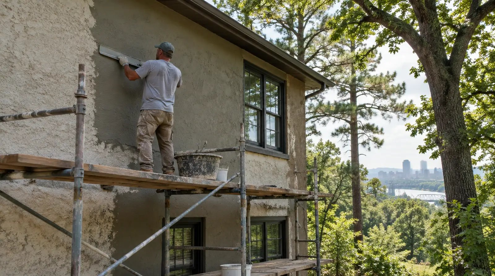 Close view of a steel trowel spreading a sand-texture finish coat over stucco