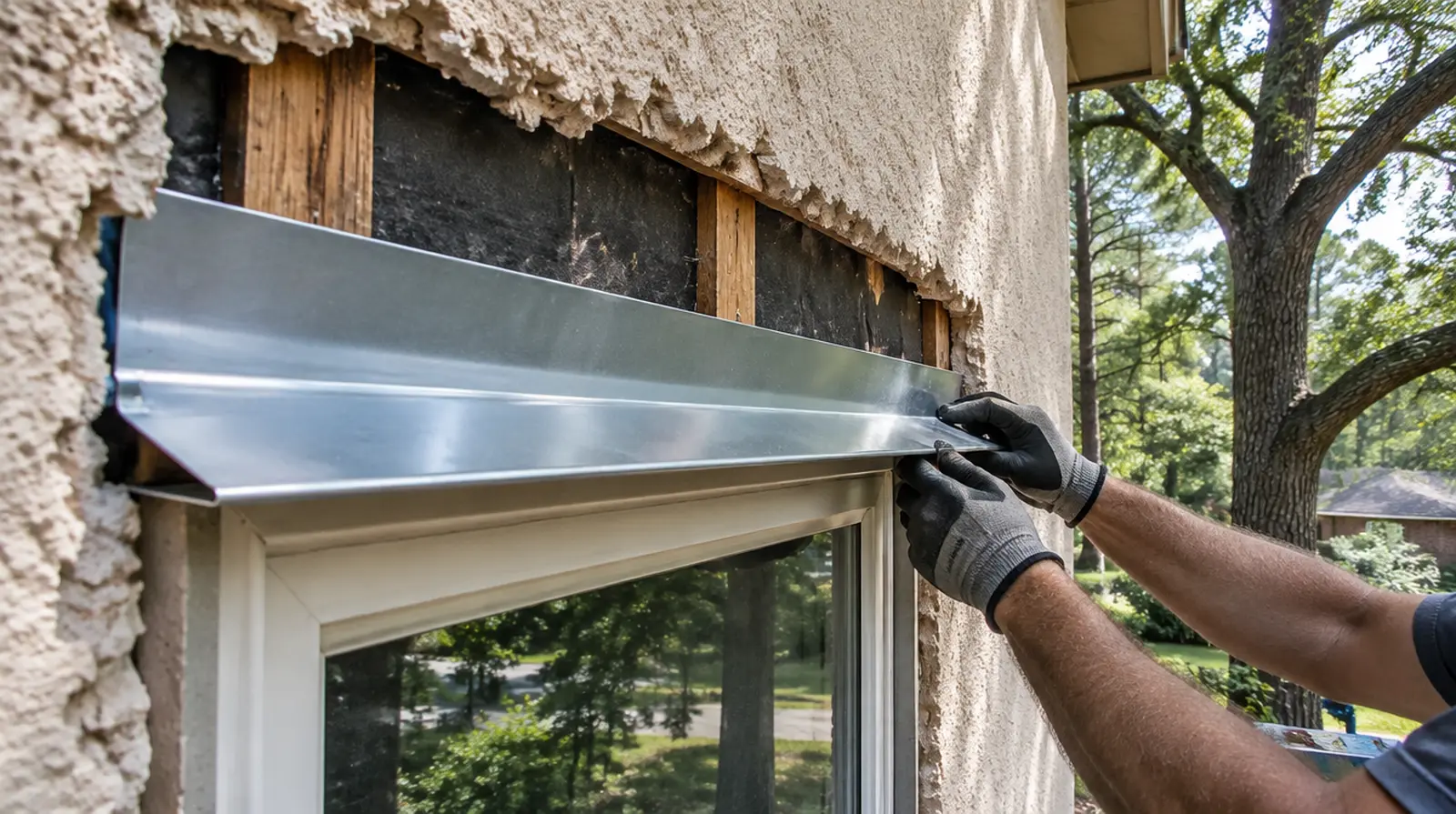 New flashing installed at the base of a window before stucco is rebuilt
