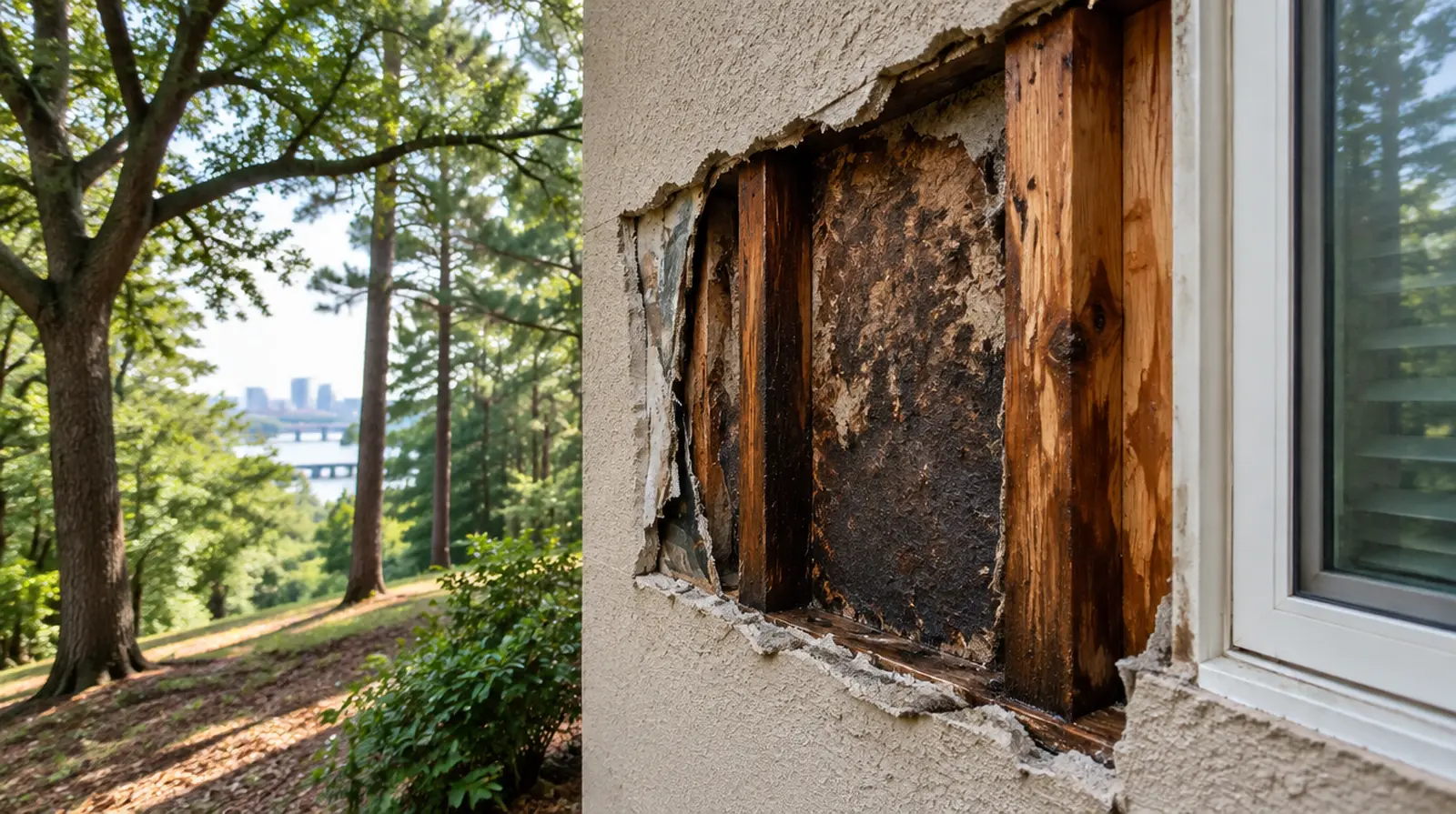 Section of stucco removed to show water-stained sheathing behind it