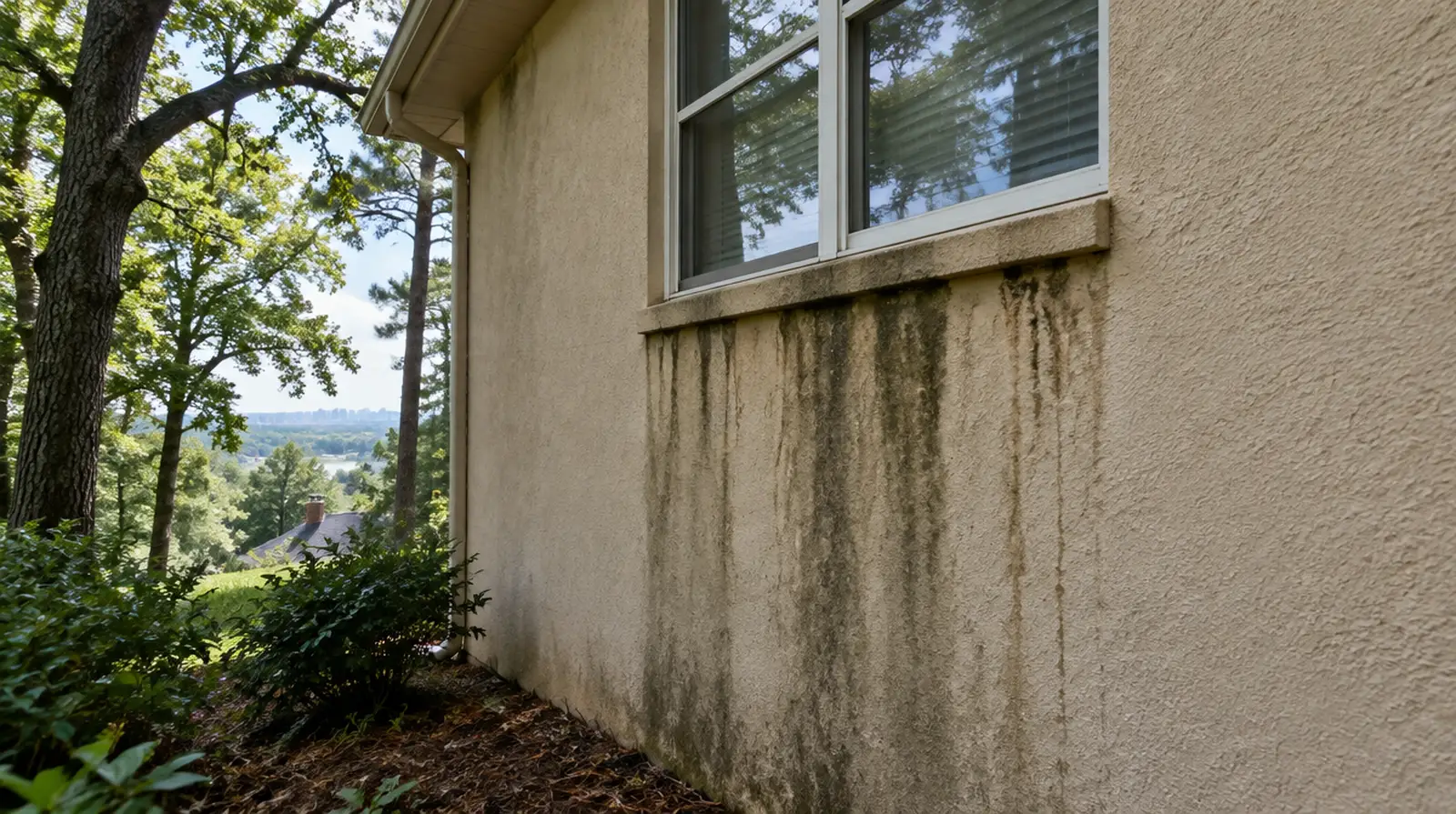 Dark water stain running down a stucco wall below a window corner
